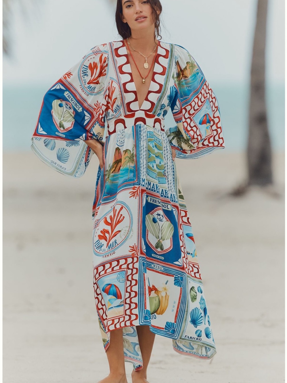 New FARM Rio x Anthropologie Beach Stamps Midi Dress